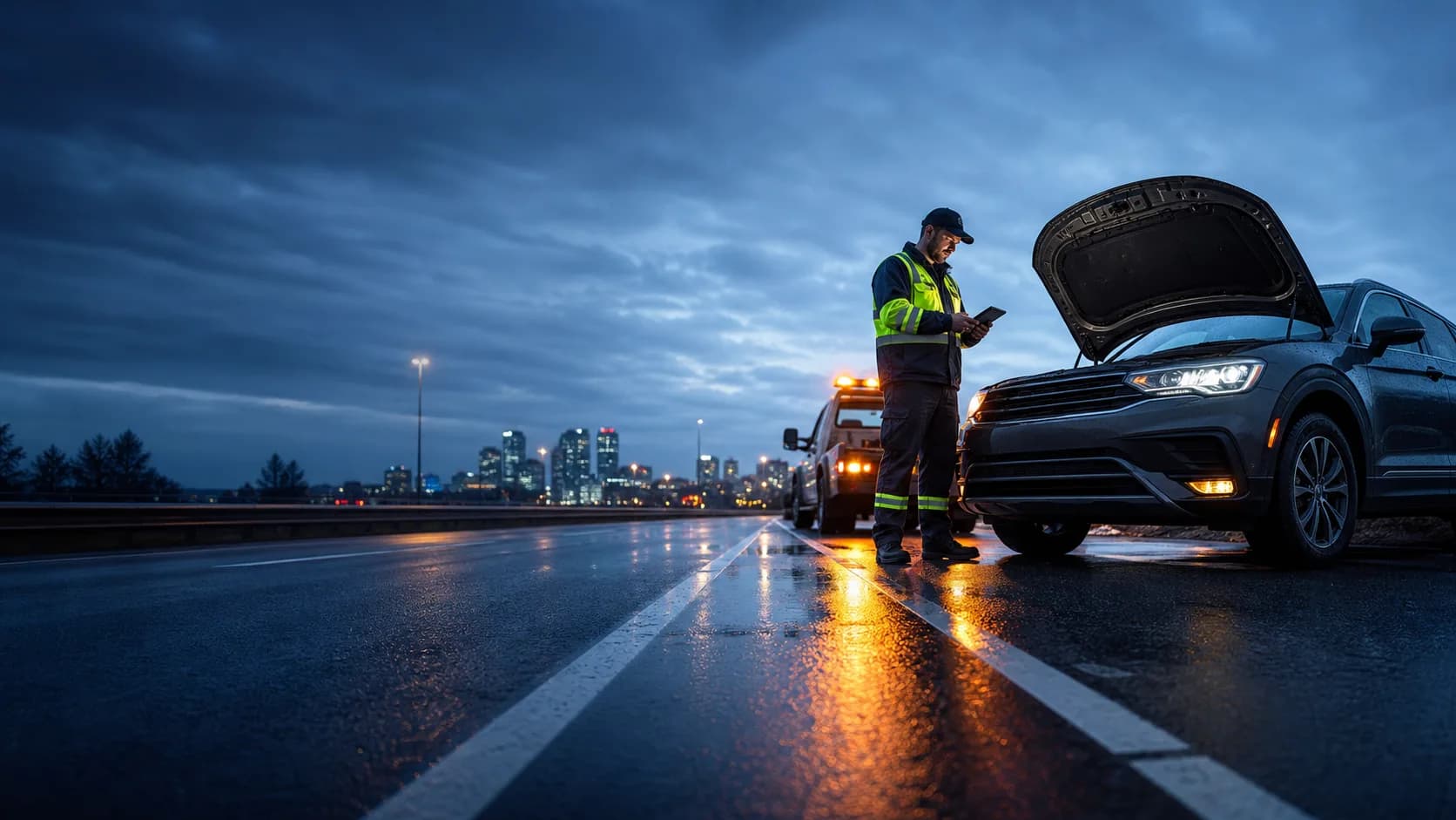 Roadside assistance technician helping a stranded driver beside a wet Canadian highway at night